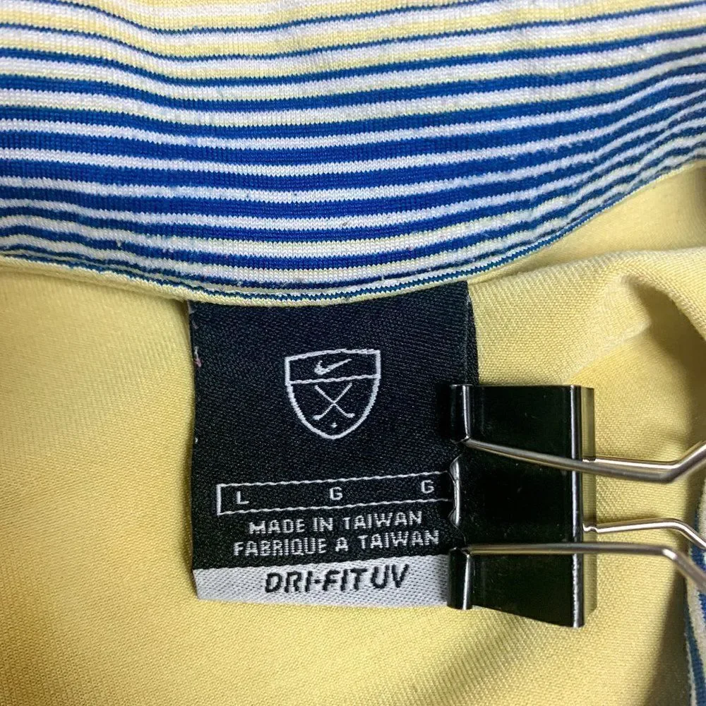 Nike Golf Polo Shirt Mens Large Yellow Blue Dri Fit UV Golfer Rugby Outdoor Camp
